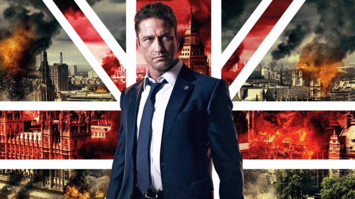 Gerard Butler no pôster de divulgação do filme Invasão a Londres, exibido no Cine Maior