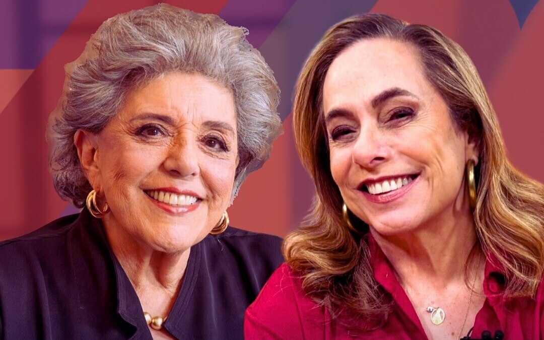 Leda Nagle ao lado de Cissa Guimarães. Elas estão sorridentes em montagem para divulgação dos 40 anos do Sem Censura