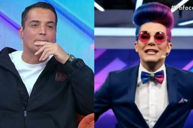 Leo Dias com semblante triste, em montagem com o colunista de IA no Fofocalizando