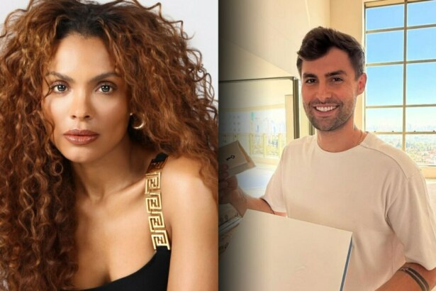 Lidi Lisboa de blusa preta divide tela em montagem com Rezende que segura uma placa branca. Eles participam do Passa ou Repassa do Domingo Legal