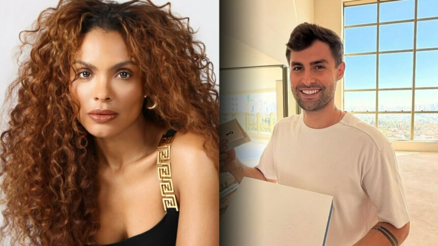 Lidi Lisboa de blusa preta divide tela em montagem com Rezende que segura uma placa branca. Eles participam do Passa ou Repassa do Domingo Legal