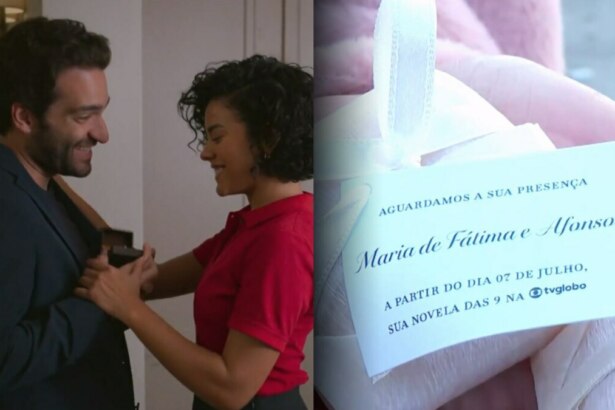 Maria de Fátima olha para a aliança nas mãos de afonso em cena de Vale Tudo. Docinhos rosas com convite do casamento são entregues nas ruas de São Paulo
