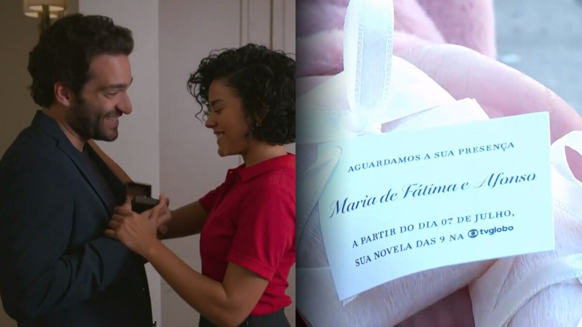 Maria de Fátima olha para a aliança nas mãos de afonso em cena de Vale Tudo. Docinhos rosas com convite do casamento são entregues nas ruas de São Paulo