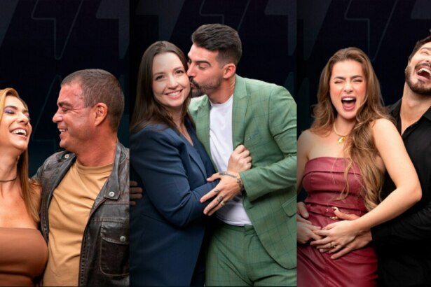 Adriana e Dhomini se olham, Radamés beija Carol, Rayanne e Victor sorridentes na final do Power Couple Brasil 7