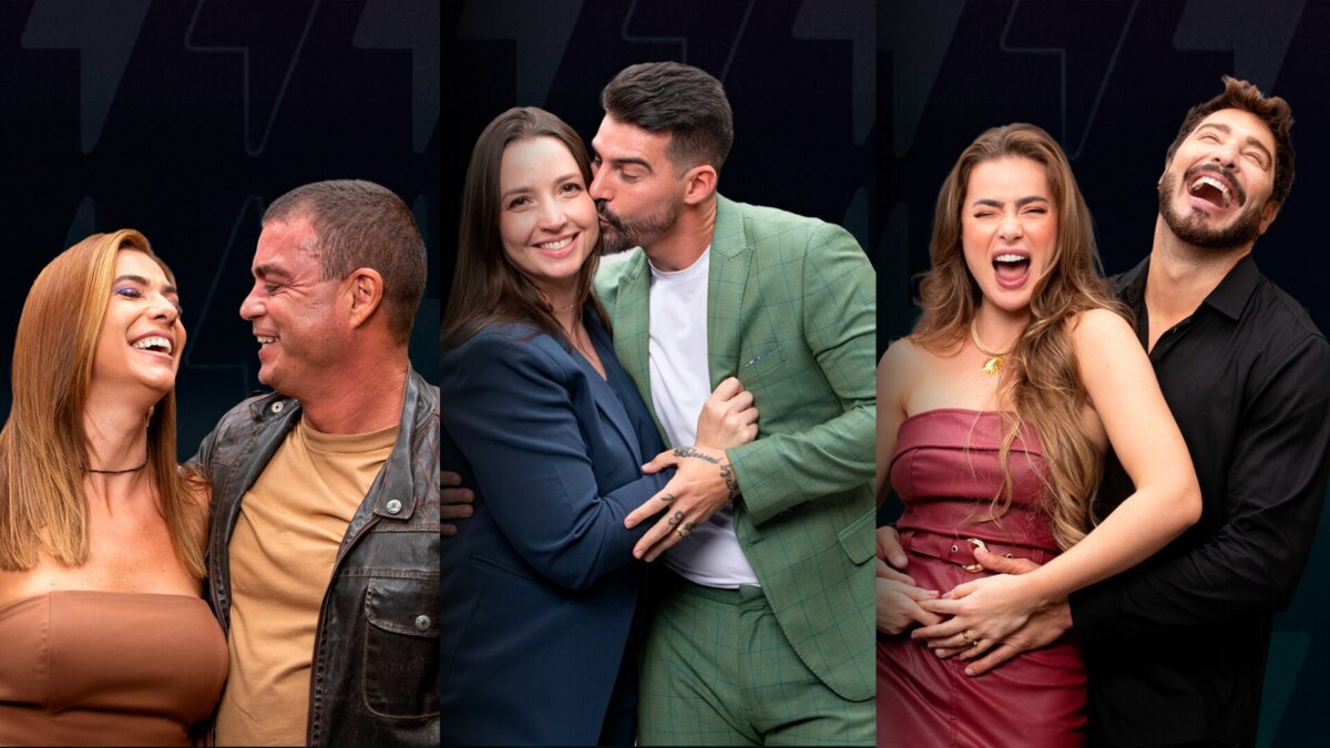 Adriana e Dhomini se olham, Radamés beija Carol, Rayanne e Victor sorridentes na final do Power Couple Brasil 7