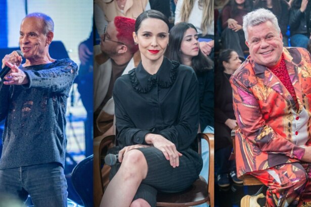 Ney Matogrosso cantando, Débora Falabella e Milton Cunha sentados no palco do Altas Horas
