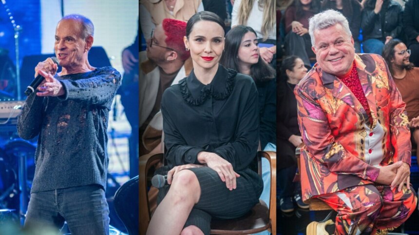 Ney Matogrosso cantando, Débora Falabella e Milton Cunha sentados no palco do Altas Horas