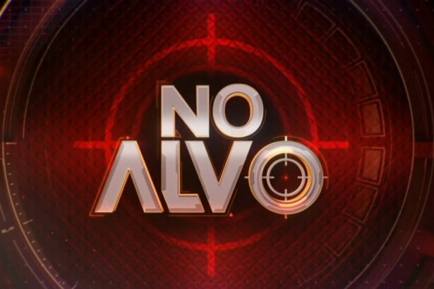 Logo do programa No Alvo do SBT. O logo tem cores em vermelho e prateado com um alvo ana última letra 'o'