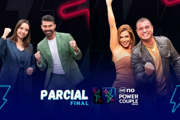 Carol e Radamés, Adriana e Dhomini na arte de parcial da enquete da final do Power Couple Brasil 7