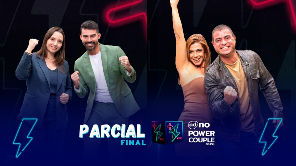 Carol e Radamés, Adriana e Dhomini na arte de parcial da enquete da final do Power Couple Brasil 7