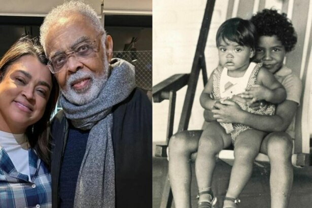 Preta Gil e Gilberto Gil abraçados, em montagem de Preta Gil com Pedro Gil, em foto antiga