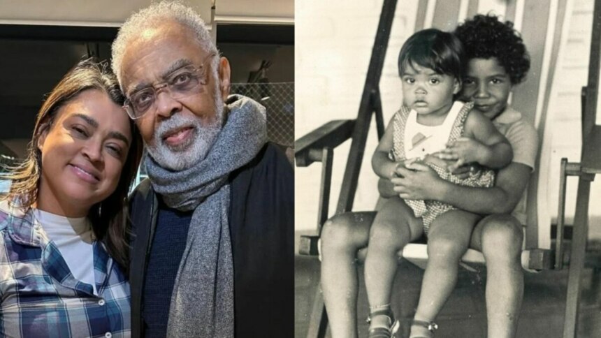 Preta Gil e Gilberto Gil abraçados, em montagem de Preta Gil com Pedro Gil, em foto antiga
