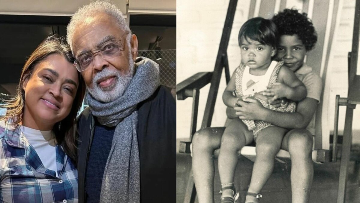 Preta Gil e Gilberto Gil abraçados, em montagem de Preta Gil com Pedro Gil, em foto antiga