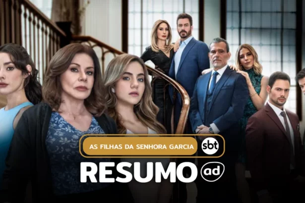 Protagonistas e antagonistas em uma montagem numa escada de uma mansão com semblantes sérios em divulgação do resumo de As Filhas da Senhora Garcia