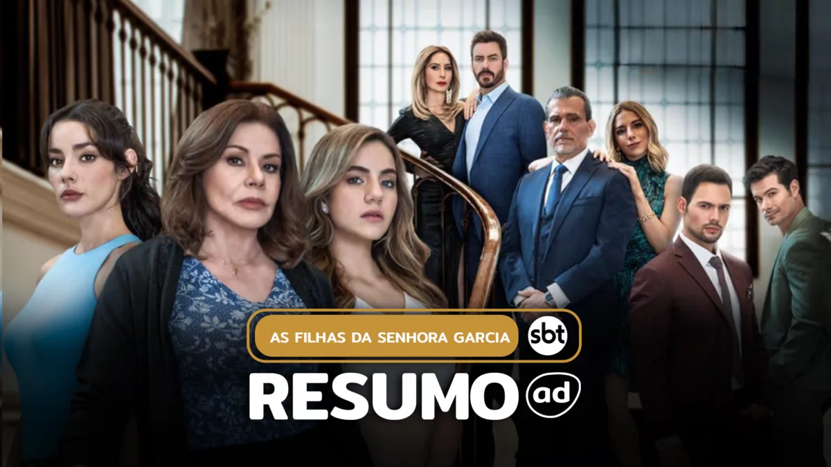 Protagonistas e antagonistas em uma montagem numa escada de uma mansão com semblantes sérios em divulgação do resumo de As Filhas da Senhora Garcia