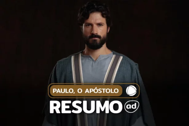 Paulo, com semblante sério, na arte de divulgação do resumo de Paulo, O Apóstolo