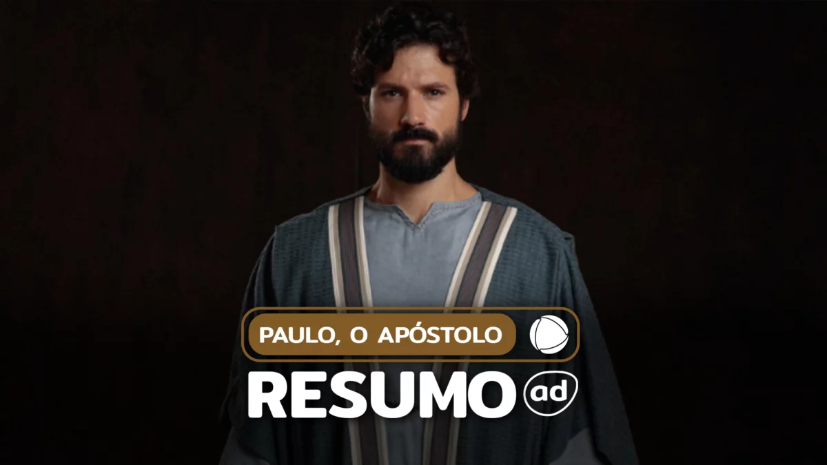 Paulo, com semblante sério, na arte de divulgação do resumo de Paulo, O Apóstolo