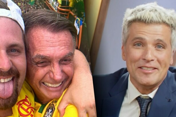 Thiago Gagliasso abraça Jair Bolsonaro e mostra a língua. Os dois estão em uma rua e vestem camisa do Brasil verde a amarelo. Bruno Gagliasso está de terno e gravata e um cenário claro