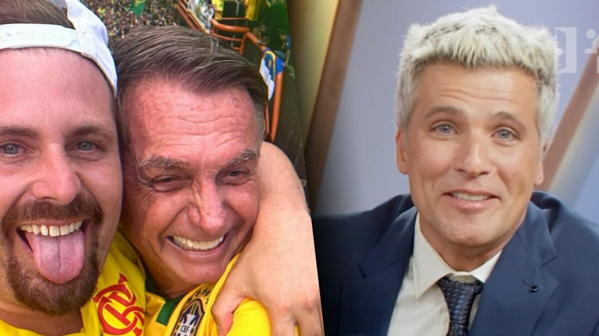 Thiago Gagliasso abraça Jair Bolsonaro e mostra a língua. Os dois estão em uma rua e vestem camisa do Brasil verde a amarelo. Bruno Gagliasso está de terno e gravata e um cenário claro