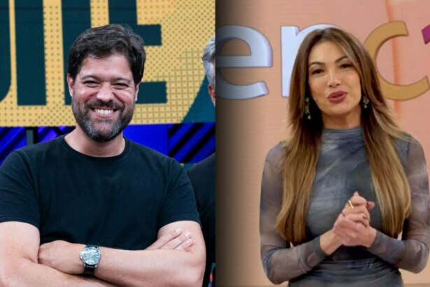 Ariel sorridente no palco do Melhor da Noite, divide tela com Patricia Poeta, que está em pé, no centro do cenário do Encontro