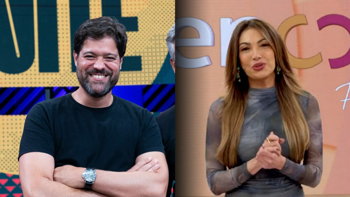 Ariel sorridente no palco do Melhor da Noite, divide tela com Patricia Poeta, que está em pé, no centro do cenário do Encontro