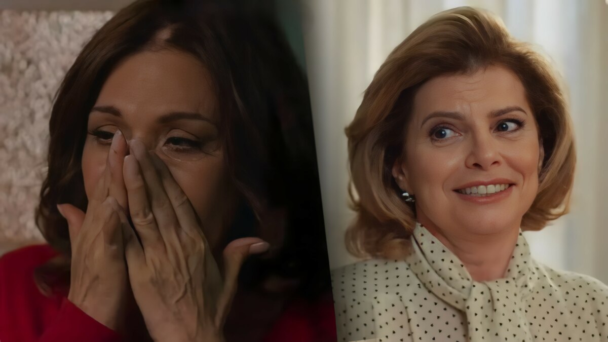 Senhora Garcia chorando dividindo tela com Odete Roitman de Vale Tudo, que está sorrindo