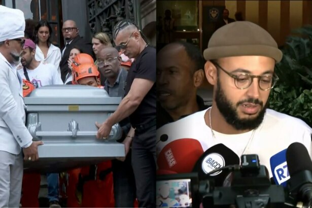 Caixão de Preta Gil é levado para a cerimônia de cremação. Ao lado José Gil concede entrevista em frente a vários microfones das principais emissoras de TV