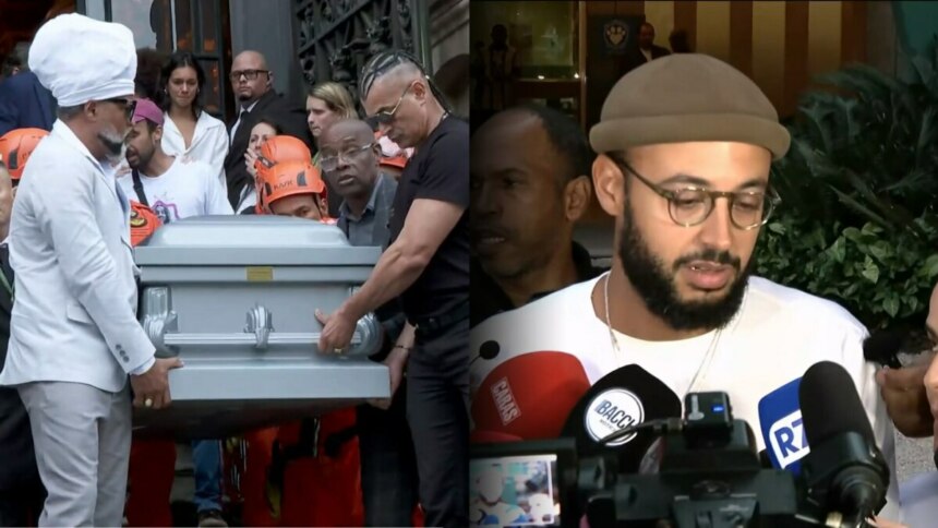 Caixão de Preta Gil é levado para a cerimônia de cremação. Ao lado José Gil concede entrevista em frente a vários microfones das principais emissoras de TV