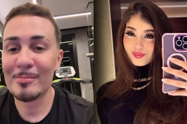 Carlinhos Maia sorrindo em uma academia, Duda segura celular