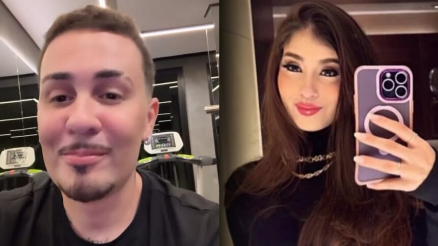 Carlinhos Maia sorrindo em uma academia, Duda segura celular