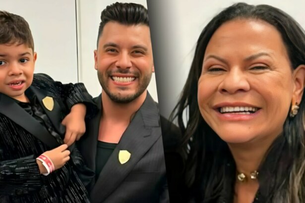 Murilo Huff segura o filho Léo nos braços. Ao lado está a m]ae de Marília Mendonça, Ruth, Sorridente.
