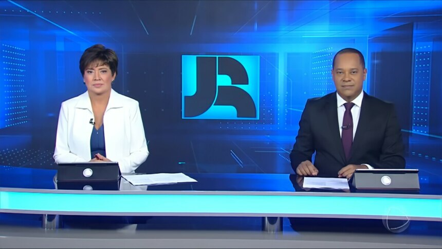 Christina Lemos e Luiz Fara Monteiro sentados na bancada do Jornal da Record