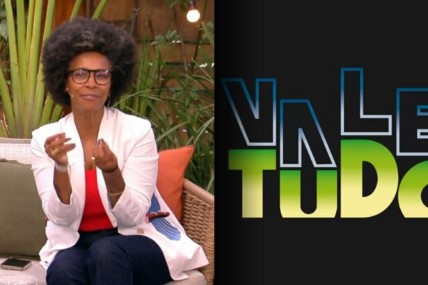 Rita Batista sentada sofá do É de Casa em montagem com o logo da novela Vale Tudo