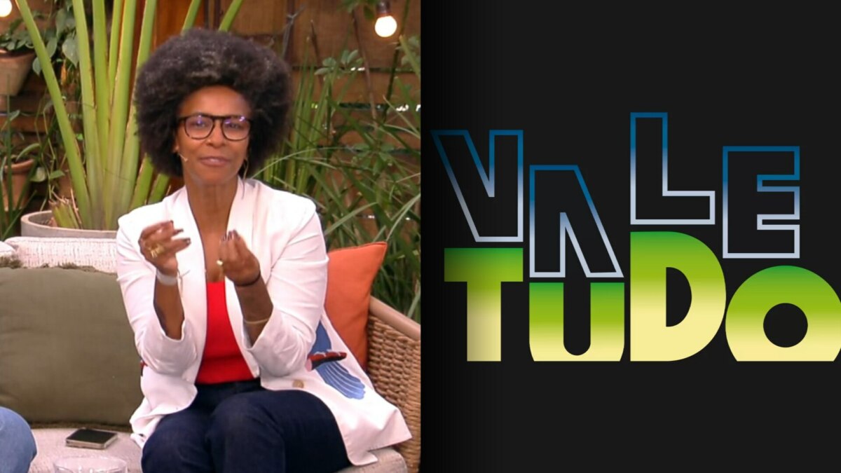 Rita Batista sentada sofá do É de Casa em montagem com o logo da novela Vale Tudo