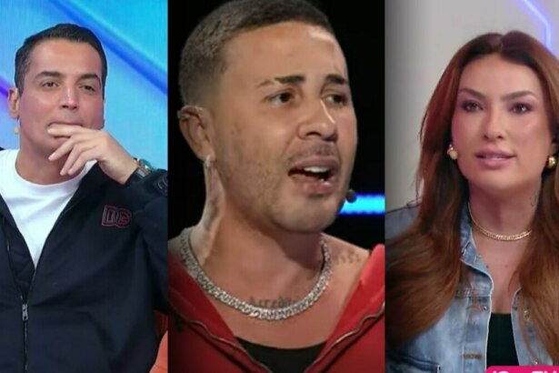 Leo Dias com a mão na boca, Carlinhos Maia com a boca aberta e Thayse Texeira com semblante sério apresentando o Fofocalizando