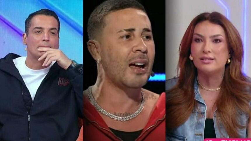 Leo Dias com a mão na boca, Carlinhos Maia com a boca aberta e Thayse Texeira com semblante sério apresentando o Fofocalizando