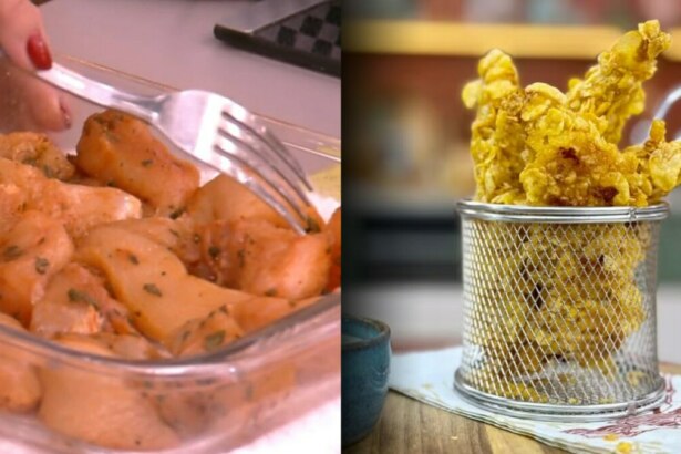 Peito de frango crocante da Talitha Morete antes em preparação e depois em uma tigela no cenário do É de Casa