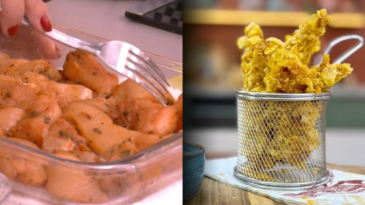 Peito de frango crocante da Talitha Morete antes em preparação e depois em uma tigela no cenário do É de Casa
