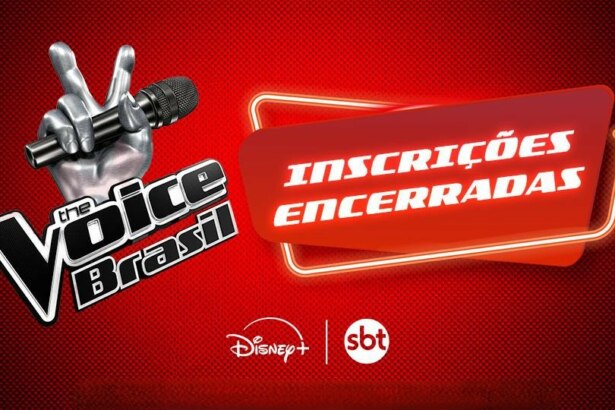 Logo do The Voice Brasil informando as inscrições encerradas ao lado do logo do SBT e Disney+