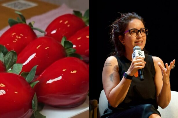 Morango do Amor prontos em um prato. Autora Manuela Dias, de Vale Tudo, segura o microfone do Rio2C