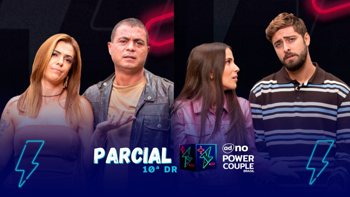 Adriana e Dhomini, Nat e Eike com semblantes tristes na arte da parcial da enquete do Power Couple Brasil 7
