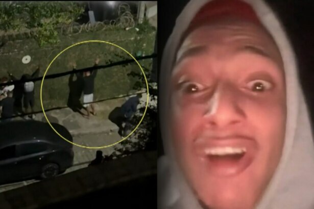 Oruam e amigos na calçada de uma rua com as mãos para cima encostados em um muro sendo revistados. Ao lado o rapper aparece transtornado em um vídeo xingando policiais