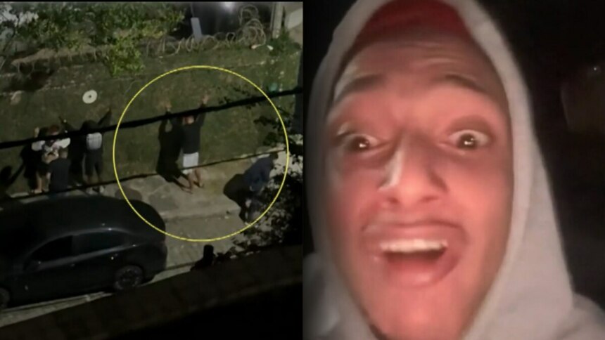 Oruam e amigos na calçada de uma rua com as mãos para cima encostados em um muro sendo revistados. Ao lado o rapper aparece transtornado em um vídeo xingando policiais
