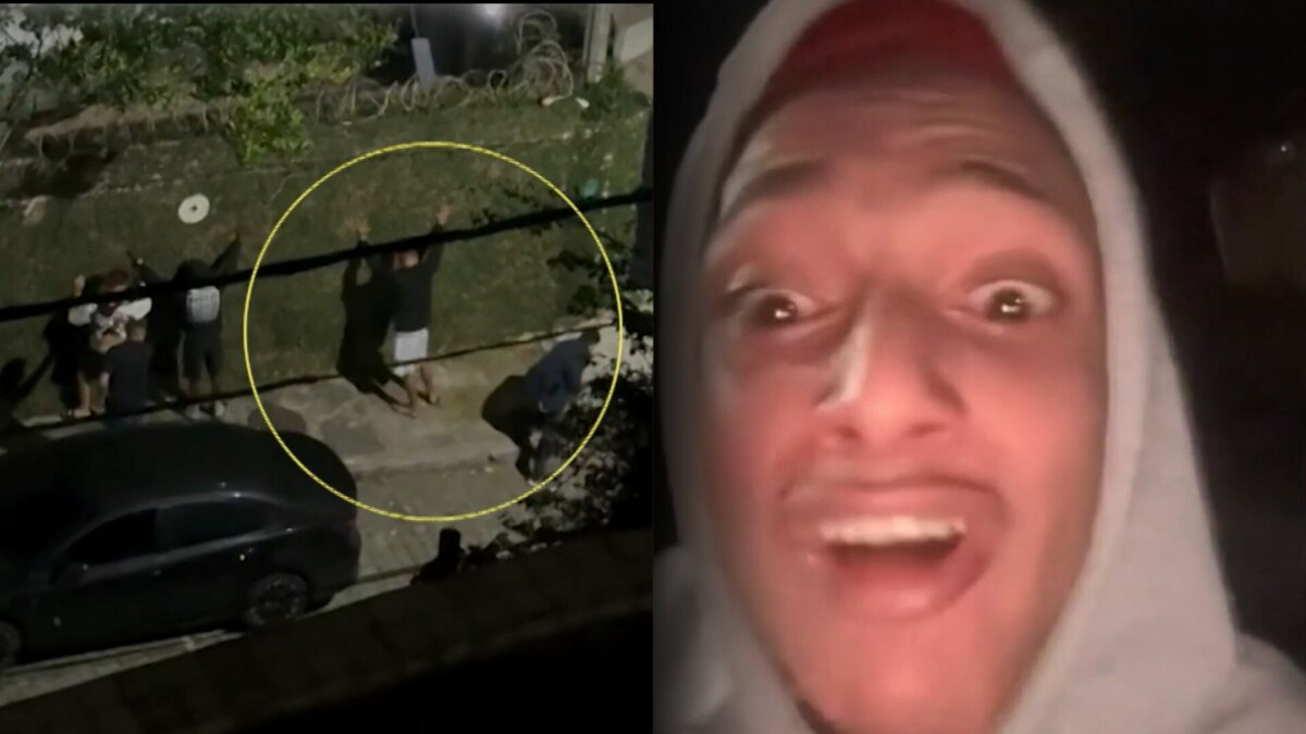 Oruam e amigos na calçada de uma rua com as mãos para cima encostados em um muro sendo revistados. Ao lado o rapper aparece transtornado em um vídeo xingando policiais