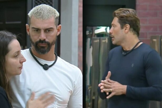 Radamés e Carol com olhar cabisbaixo na cozinha da Mansão do Power Couple divide tela com Victor que está surpreso também na cozinha