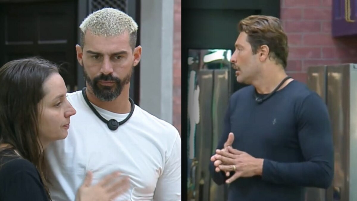 Radamés e Carol com olhar cabisbaixo na cozinha da Mansão do Power Couple divide tela com Victor que está surpreso também na cozinha