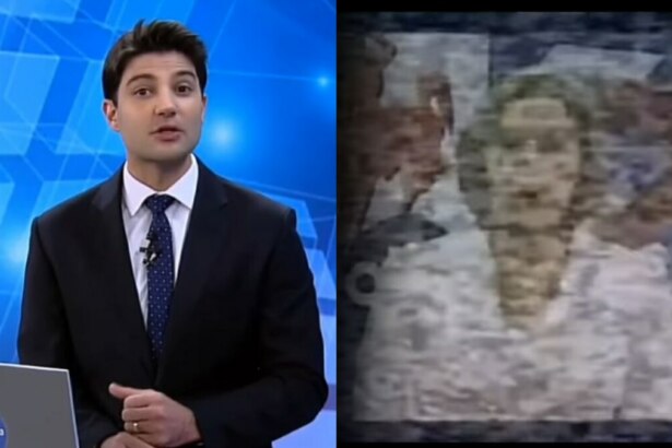 Apresentador Rafael Alagarte em frente ao notebook apresentando o News das 19h dividindo tela com trecho das mensagens misteriosas que invadiram a transmissão da Record News