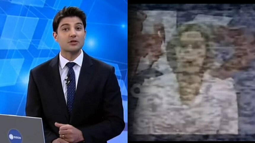 Apresentador Rafael Alagarte em frente ao notebook apresentando o News das 19h dividindo tela com trecho das mensagens misteriosas que invadiram a transmissão da Record News