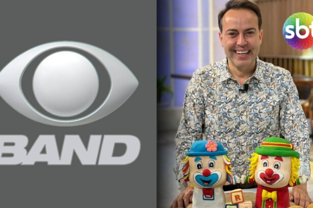Logo da Band divide tela com Rinaldi Faria que está por trás dos bonecos Patati e Patata e o logo do SBT na parede