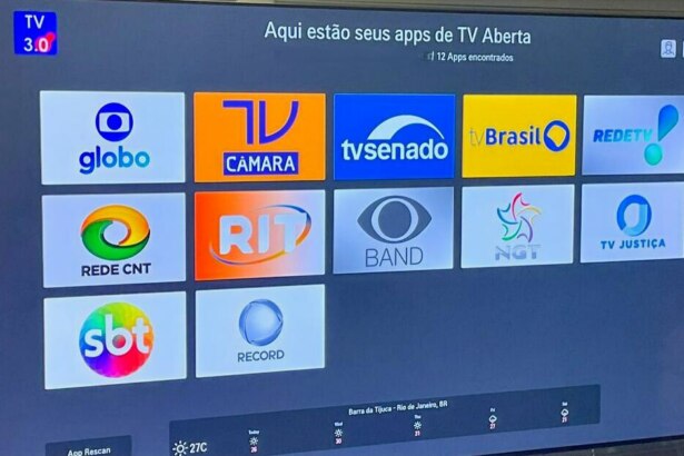 Tela da TV com os apps dos canais de TV aberta na TV 3.0